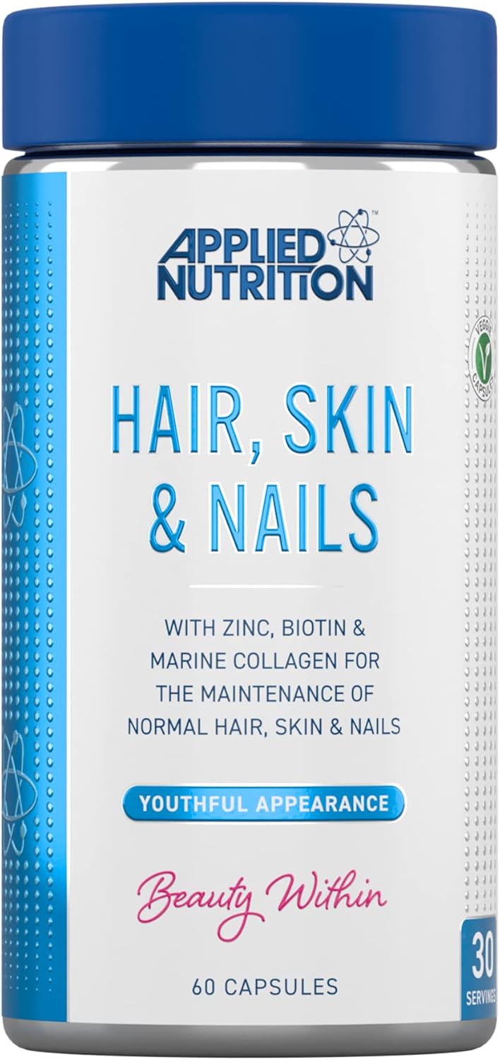 Applied Nutrition Hair, Skin & Nails – Hair Growth Vitamins With Biotin & Marine Collagen – Biotin Hair Growth & Nail Strengthener – Glowing Skin Support – 60 Capsules (30 Servings)