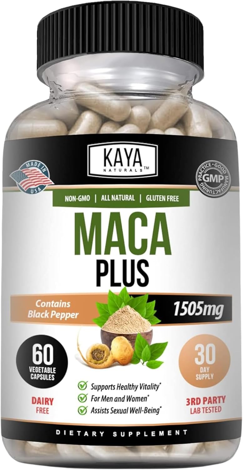Kaya Naturals Maca Plus (60 Capsules) | Organic Maca Root Capsules For Women And Men | Black Pepper With Red, Yellow, And Black Maca Root Powder | Natural Energy Supplement And Herbal Supplement
