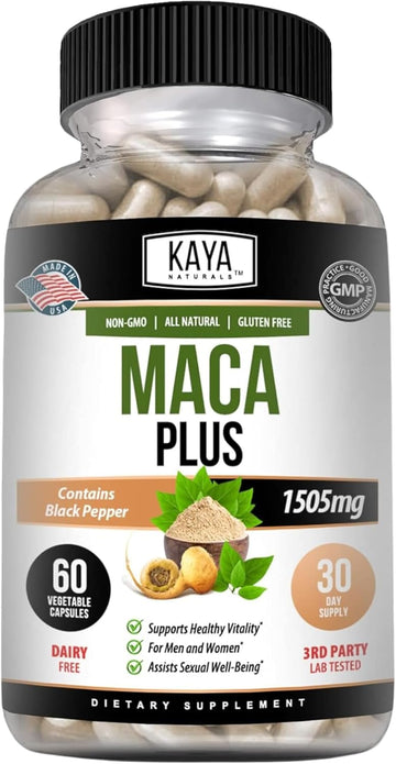 Kaya Naturals Maca Plus (60 Capsules) | Organic Maca Root Capsules For Women And Men | Black Pepper With Red, Yellow, And Black Maca Root Powder | Natural Energy Supplement And Herbal Supplement