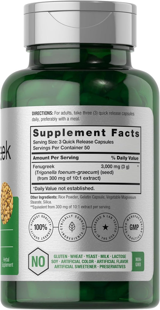 Horbäach Fenugreek Capsules 3000 mg | 150 Count | Non-GMO & Gluten Free Extract | Fenugreek Seeds