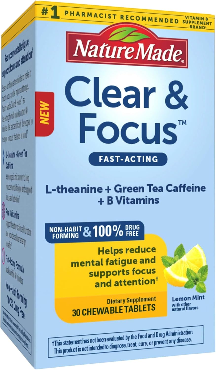 Nature Made Clear & Focus, L-theanine and Low-Dose Green Tea Caffeine, Helps Reduce Mental Fatigue and Supports Focus, Five B Vitamins for Cellular Energy Support, Lemon Mint, 30 Chewable Tablets