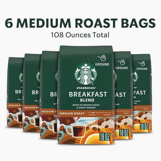 Starbucks Breakast Blend Medium Roast Ground Coffee, 18 Ounce (Pack of 6)