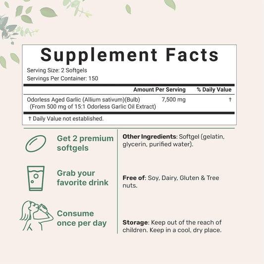 Micro Ingredients Odorless Garlic 7500Mg Per Servings, 300 Softgels | 2 Years Aged Garlic Extract, Grown Allium Sativum Bulb | Potent Antioxidant Supplement, Immune Support, And Heart Health