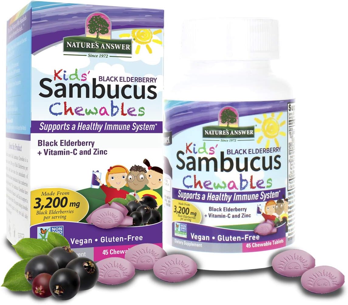 Nature'S Answer Kids Sambucus Chewables Black Elderberry With Vitamin C And Zinc Great Tasting Vegan Support Gluten Free Ideal For Healthy Immune System  Elderberry (45 Tablets)