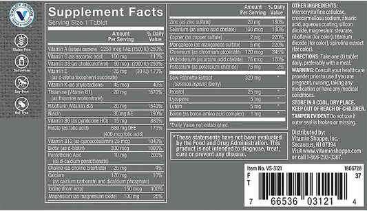 The Vitamin Shoppe One Daily Men's 50+ Multivitamin, 2,000IU Vitamin D3 Multi-Mineral, Antioxidant Supplement That Supports Energy Production, Vision and Immune Health (60 Tablets)