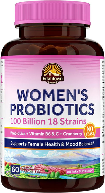 Vitalitown Women’S Probiotics | 100 Billion Cfus 18 Strains | Prebiotics, Vc & B6, Cranberry | Shelf Stable | Vaginal, Urinary, Digestive & Mood Support | 60 Vegan Caps