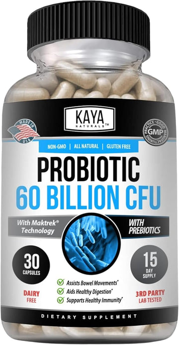 Kaya Naturals Probiotic 60 Billion Cfu | Probiotics For Women, Probiotics For Men And Adults, Natural | Gut Health & Immune Support Supplement | Provides Digestive Support - 30 Vegetable Capsules