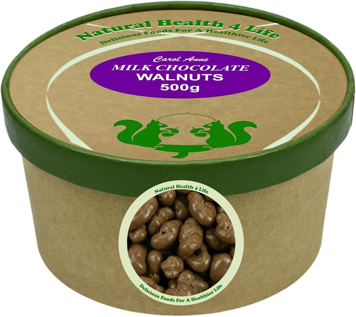 Natural Health 4 Life Carol Anne Confectionery Milk Chocolate Walnuts 500 G, Chocolate Covered Nuts In Recyclable Tub, Gluten-Free & Vegetarian – Ideal For Snacking Or Baking – Made In Uk (1 Tub)