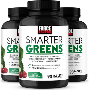 Force Factor Smarter Greens Tablets, 3-Pack, Greens Supplement With 25+ Superfoods And Antioxidants To Improve Digestion, Reduce Stress, Strengthen Immunity, And Support Metabolism, 270 Tablets