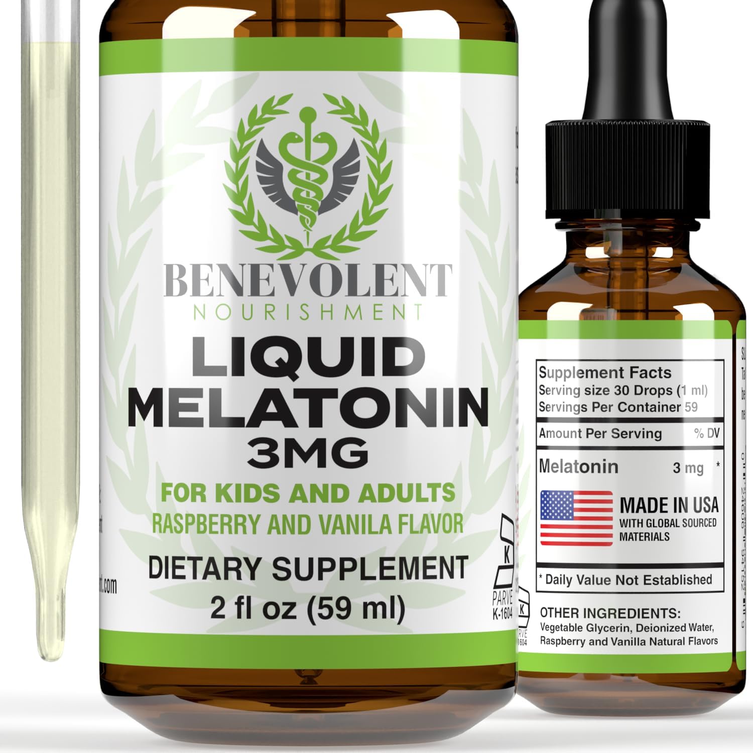 Benevolent Melatonin Liquid For Adults 3Mg, Liquid Melatonin Drops For Kids 2 Month Supply, Berry Vanilla Flavor & Made In Usa, Melatonin Sleep Aid Helps Fall Asleep Faster & Stay Asleep Longer