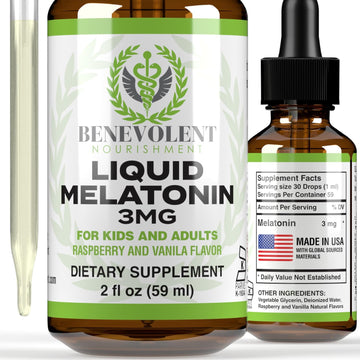Benevolent Melatonin Liquid For Adults 3Mg, Liquid Melatonin Drops For Kids 2 Month Supply, Berry Vanilla Flavor & Made In Usa, Melatonin Sleep Aid Helps Fall Asleep Faster & Stay Asleep Longer