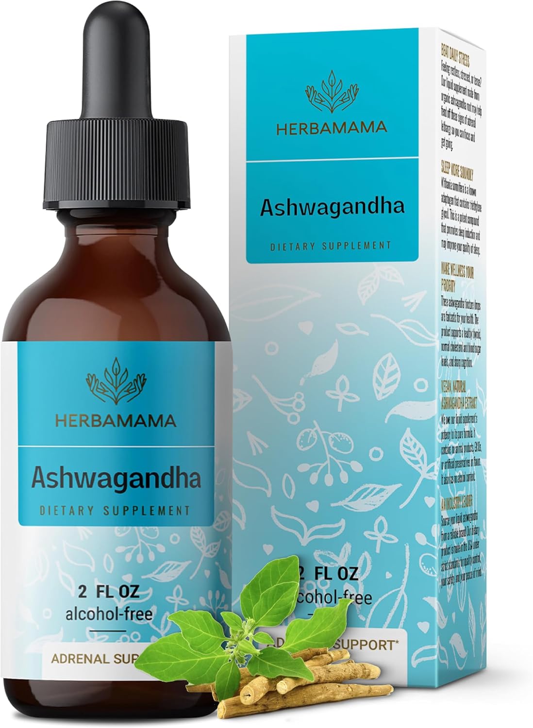 Herbamama Ashwagandha Drops - Ashwagandha Liquid Focus & Calming Supplements For Adults - Pure Ashwagandha Root Extract - Vegan, Non-Gmo, Alcohol & Sugar-Free, 28-Day Supply