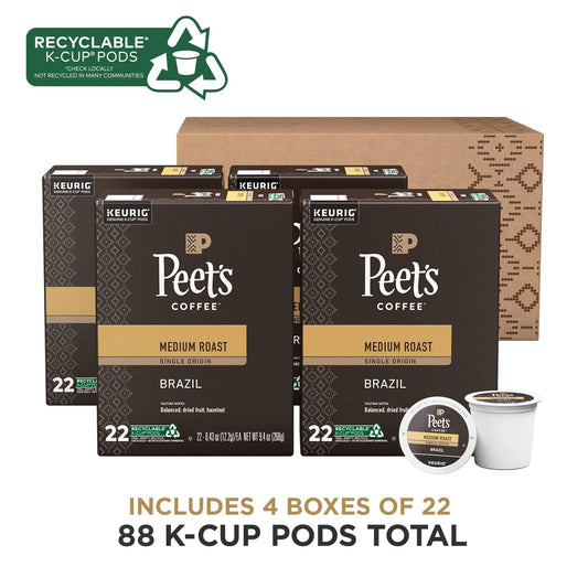 Peet's Coffee, Medium Roast K-Cup Pods for Keurig Brewers - Single Origin Brazil 88 Count (4 Boxes of 22 K-Cup Pods)