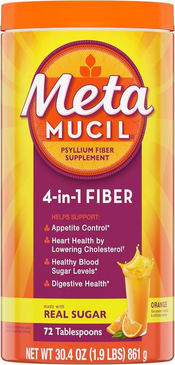 Metamucil, Daily Psyllium Husk Powder Fiber Supplement With Real Sugar, 4-In-1 Daily Fiber Supplement For Digestive Health, Orange Smooth Flavored Drink, 72 Servings