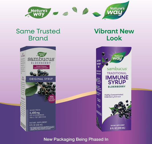 Nature’S Way Sambucus Elderberry Traditional Immune Syrup, Highly Concentrated Black Elderberry Extract, Traditional Immune Support*, Delicious Berry Flavored, 8 Fl Oz (Packaging May Vary)