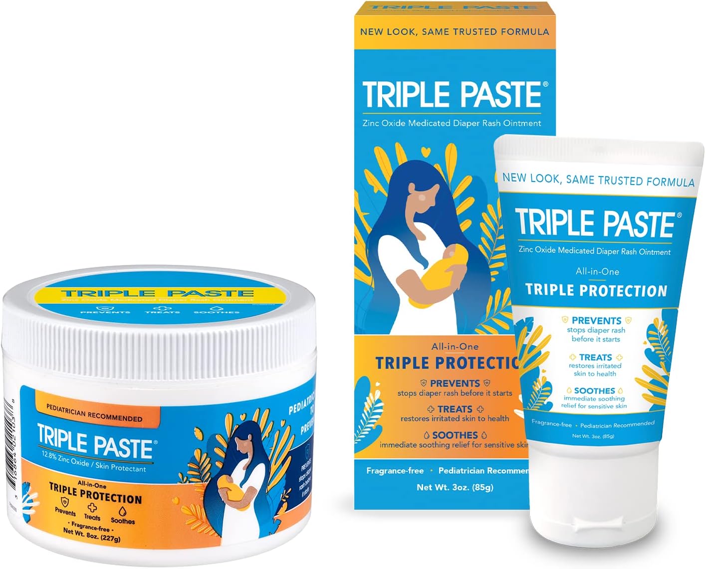 Triple Paste Diaper Rash Cream For Baby - 8 Oz Tub & 3 Oz Tube At Home & On The Go Bundle - Zinc Oxide Ointment Treats, Soothes And Prevents Diaper Rash