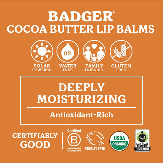 Badger - Cocoa Butter Lip Balm, Cool Mint, Certified Organic Lip Balm, Fair Trade, Lip Butter, Lip Balm Cocoa Butter, Cocoa Care Lip Balm, 0.25 Oz (4 Pack)