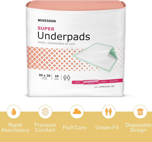 Mckesson Super Underpads, Incontinence Bed Pads, Moderate Absorbency, 30 In X 30 In, 10 Count