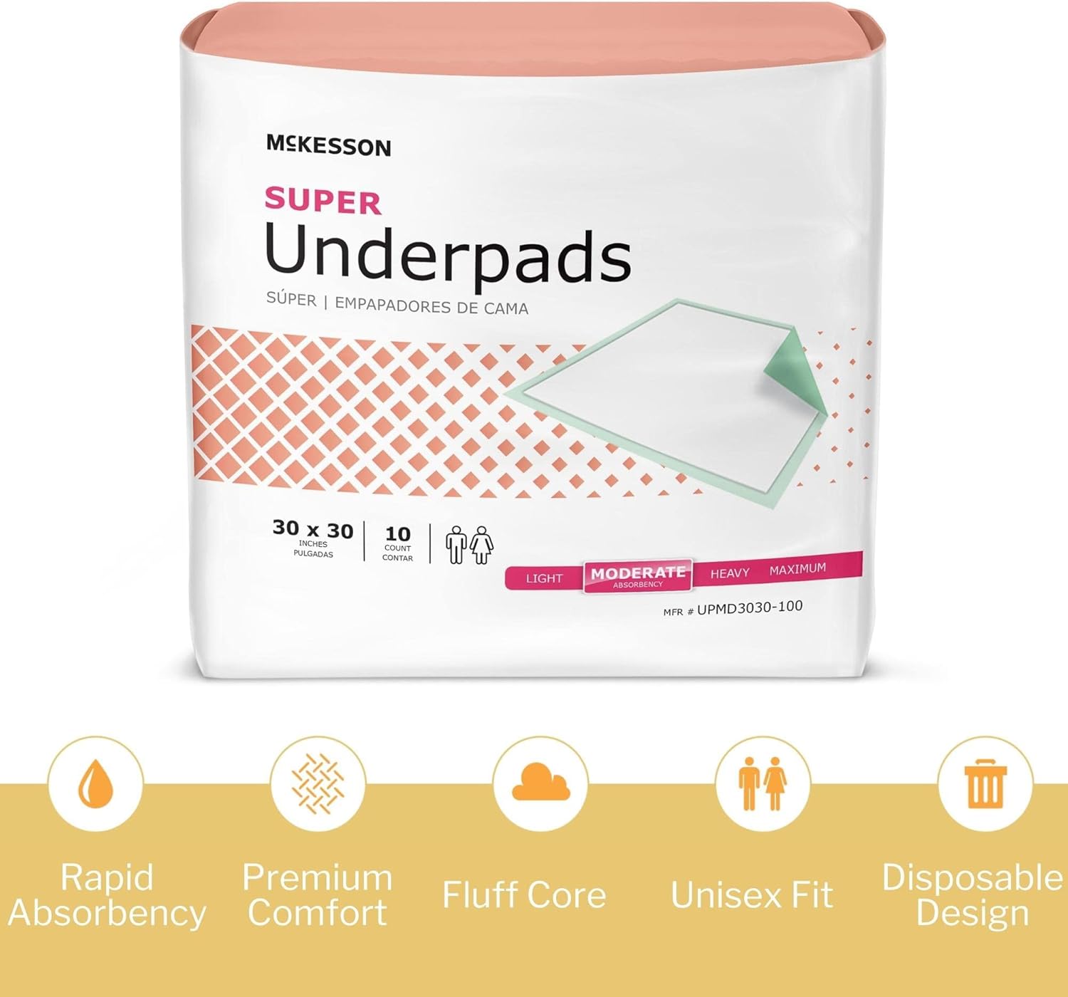 McKesson Super Underpads, Incontinence Bed Pads, Moderate Absorbency, 30 in x 30 in, 100 Count : Health & Household