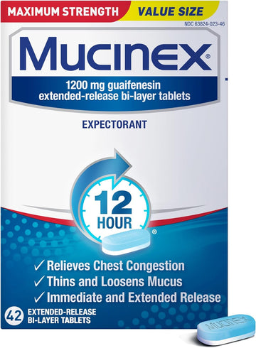 Mucinex 12 Hour 1200mg Maximum Strength Guaifenesin Chest Congestion & Mucus Relief, Guaifenesin Expectorant Aids Mucus Removal, Chest Decongestant for Adults, Dr Recommended, 42ct Tablets