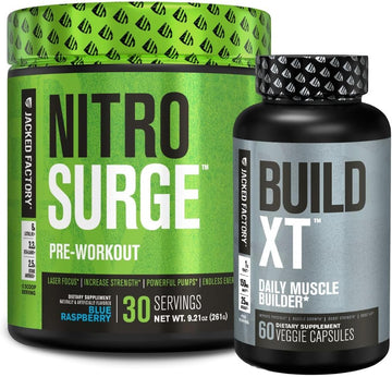 Jacked Factory Nitrosurge Pre-Workout In Blue Raspberry & Build Xt Muscle Building Bundle For Men & Women