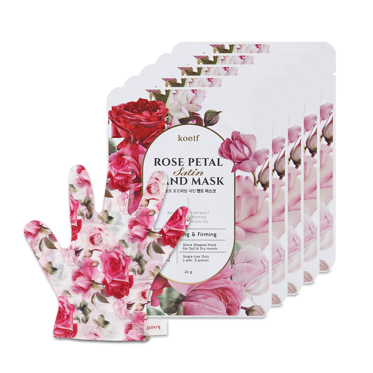 Petitfee Rose Petal Satin Hand Mask (5Pairs) - Intensive Nourishing, Moisturizing Gloves, Rose Scented Hand Repair Masks With Peptide, Collagen, Shea Butter For Silky Smooth Hand, Hand Treatment