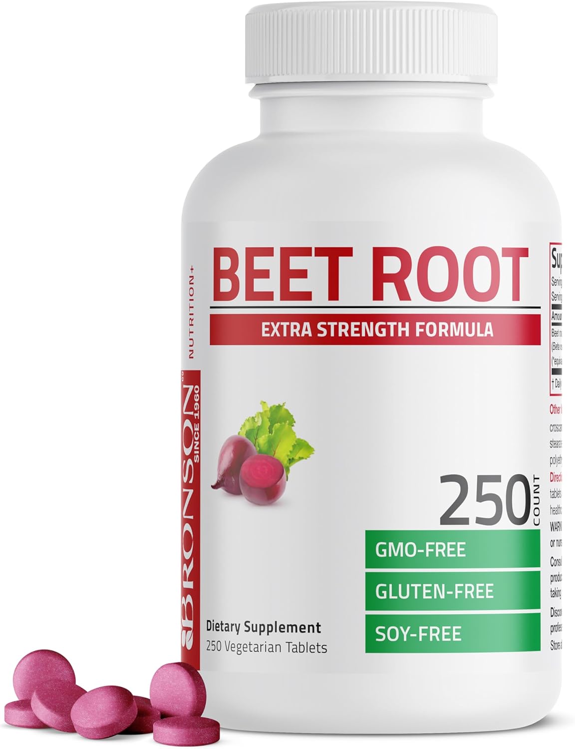 Bronson Beet Root Extra Strength (Equivalent To 2000Mg Beet Root Per Serving From 500Mg 4:1 Extract), Non-Gmo, 250 Vegetarian Tablets