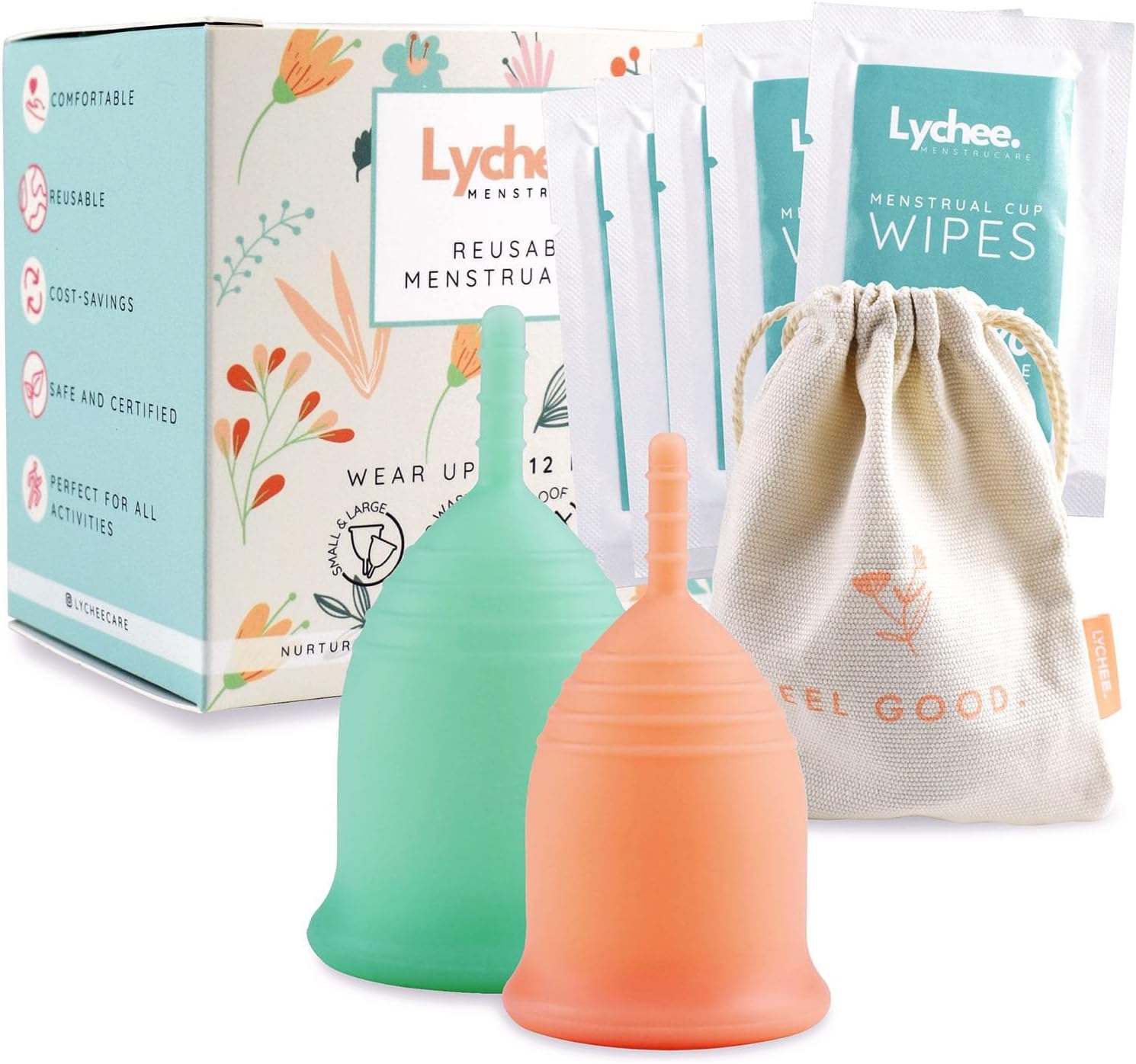 Reusable Menstrual Silicon Period Cup, 12 hr Feminine Hygiene & Comfort - Includes Flushable Wipes & Storage Bag - Tampon & Pad Alternative (Pack of 2 - Small & Large)