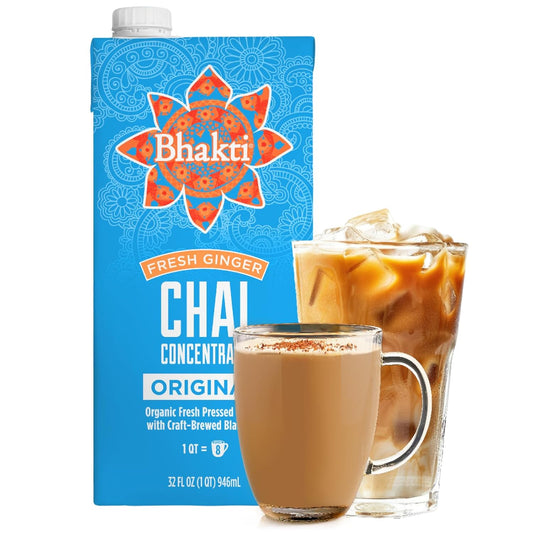 Bhakti Chai Fresh Ginger & Black Tea Concentrate, Original, Vegan, Organic, Fair Trade, Kosher, Gluten-Free, & All-Natural Clean Ingredients, 32 Ounce Cartons (Pack Of 6)