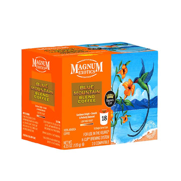 Magnum Exotics Coffee, Blue Mountain Coffee Blend - Medium-Light Roast, Ground Coffee Pods, Single Serve, Made With 100% Arabica Coffee Beans, Freshly Roasted Beans, Mild Acidity - Blue Mountain Blend, 18 Count