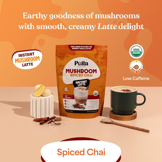 Spiced Chai Instant Latte with 7 Mushroom Blend - Organic, Vegan, Low Caffeine, Non-GMO - Reishi, Chaga, Lion's Mane, Turkey Tail - Mushroom Coffee Experience, 15 Servings