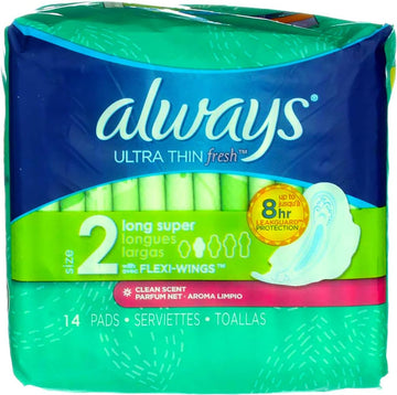 Always Fresh Ultra Thin Pads Long Super Flexi-Wings Clean Scent - 14 ct, Pack of 2