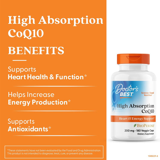 Doctor'S Best High Absorption Coq10, Heart & Energy Support, Usp Verified, Naturally Fermented Coq10, Non-Gmo Gluten Free, Soy Free, Vegan 180 Veggie Caps