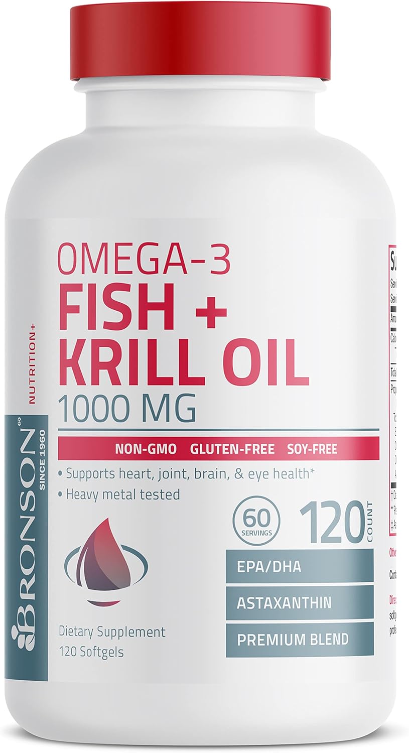 Bronson Omega-3 Fish + Krill Oil 1000 MG EPA DHA Astaxanthin Premium Blend - Joint, Brain & Eye Health - Non GMO, Heavy Metal Tested, 120 Softgels : Health & Household