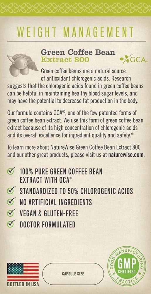 NatureWise Green Coffee Bean Extract - Pure Green Coffee Bean Capsules 800mg with 50% Chlorogenic Acid Support for Weight Goals, Energy, and Antioxidant - Vegan, Non-GMO - 60 Capsules[1-Month Supply]