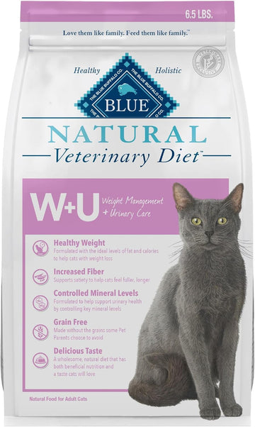 Blue Buffalo Natural Veterinary Diet W+U Weight Management + Urinary Care Dry Cat Food, Veterinarian Prescription Required, Chicken, 6.5-Lb. Bag