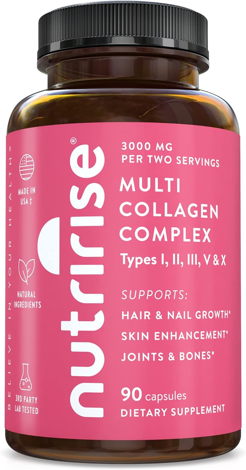 NutriRise Hydrolyzed Collagen Complex, Maximum Strength 1500 mg: Multi Collagen Peptides Supplement for Skin Care, Hair, Nails & Joints, Anti-Aging Amino Acid Supplement for Men & Women, 90 Count