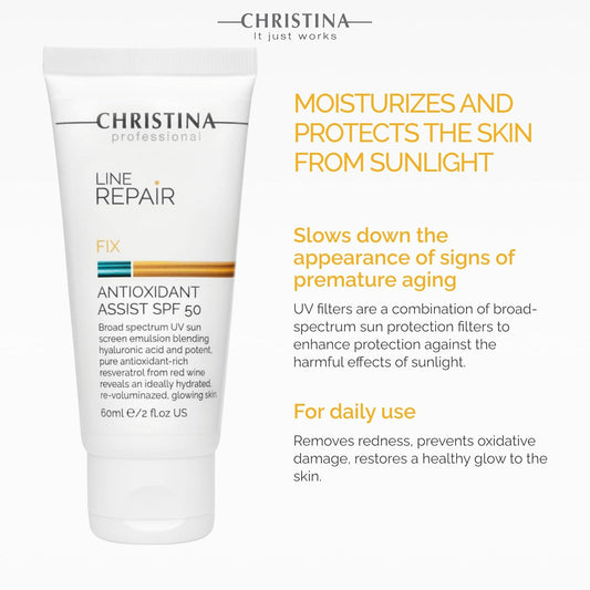 Christina Line Repair Fix Antioxidant Assist Spf 50 Sunscreen For Face - 60 Ml - Broad Spectrum Uva/Uvb Protection Daily Face Sunscreen With Hyaluronic Acid And Resveratrol
