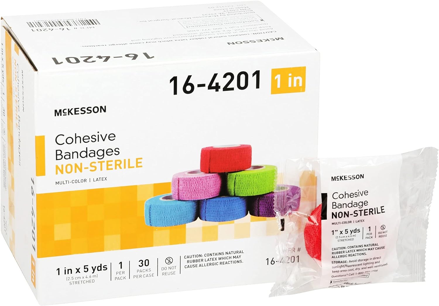 McKesson Cohesive Bandage, Non-Sterile, Self-Adherent Closure, Multi-Color, 1 in x 5 yds, 1 Count, 30 Packs, 30 Total