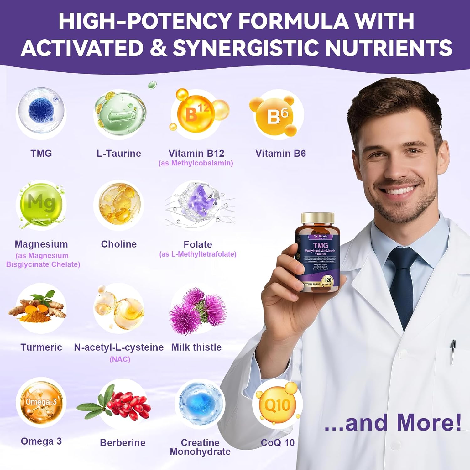 Totaria 24-In-1 Methylated Multivitamin Tmg Taurine Supplements (Trimethylglycine), Powerful Betaine Anhydrous, W/B Complex, B12, B9, Nac, For Heart, Liver, Brain, 120 Capsules, 60 Day Supply : Health & Household