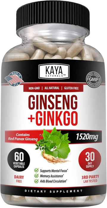 Kaya Naturals Red Panax Ginseng + Ginkgo Biloba | Nootropic Brain Supplement | Cognitive And Concentration Support | Brain Booster, Focus, And Memory Supplement | 60 Capsules