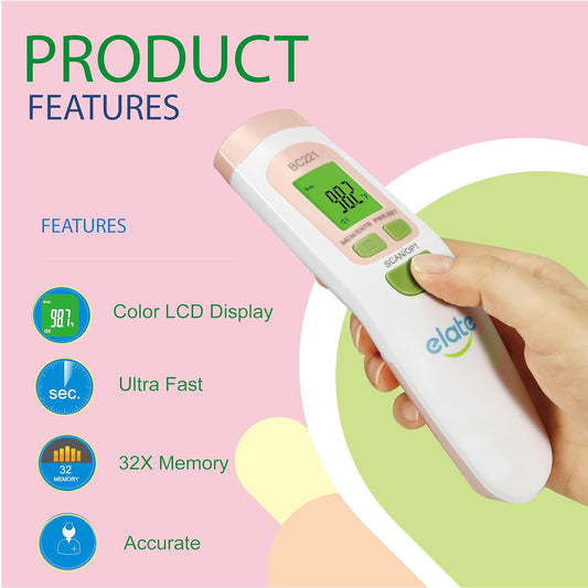 Elate No Touch Forehead Thermometer - Non-Contact Digital Infrared Thermometer - Medical Grade, Hygienic, Accurate, Instant Read, Touchless Thermometer for Adults, Kids, and Baby - FSA HSA Eligible