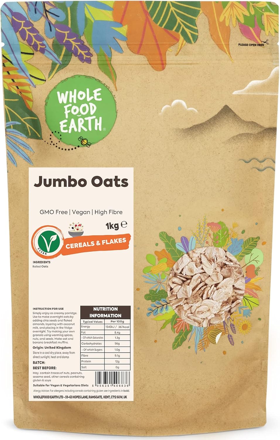 Wholefood Earth Jumbo Oats 500 G | Gmo Free | High Fibre