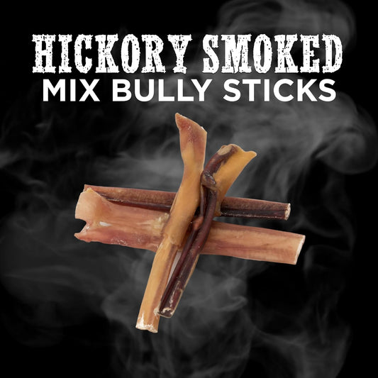 Premium Hickory Smoked 100% Natural 4 Inch Mixed Bully Sticks For Dogs - Odor Free With Smoky Aroma - No Additives, Free-Range Grass-Fed Beef, Grain-Free Rawhide-Free - Mini Bully Sticks, 10 Pack