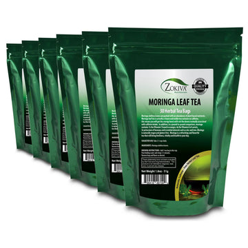 Zokiva Nutritionals - Moringa Tea Organic 6-Pack 180 Tea Bags - A Natural Caffeine - Free Source For Vitamins, Minerals & Antioxidants - Great Vegan Energy Booster - In Zip Pouch
