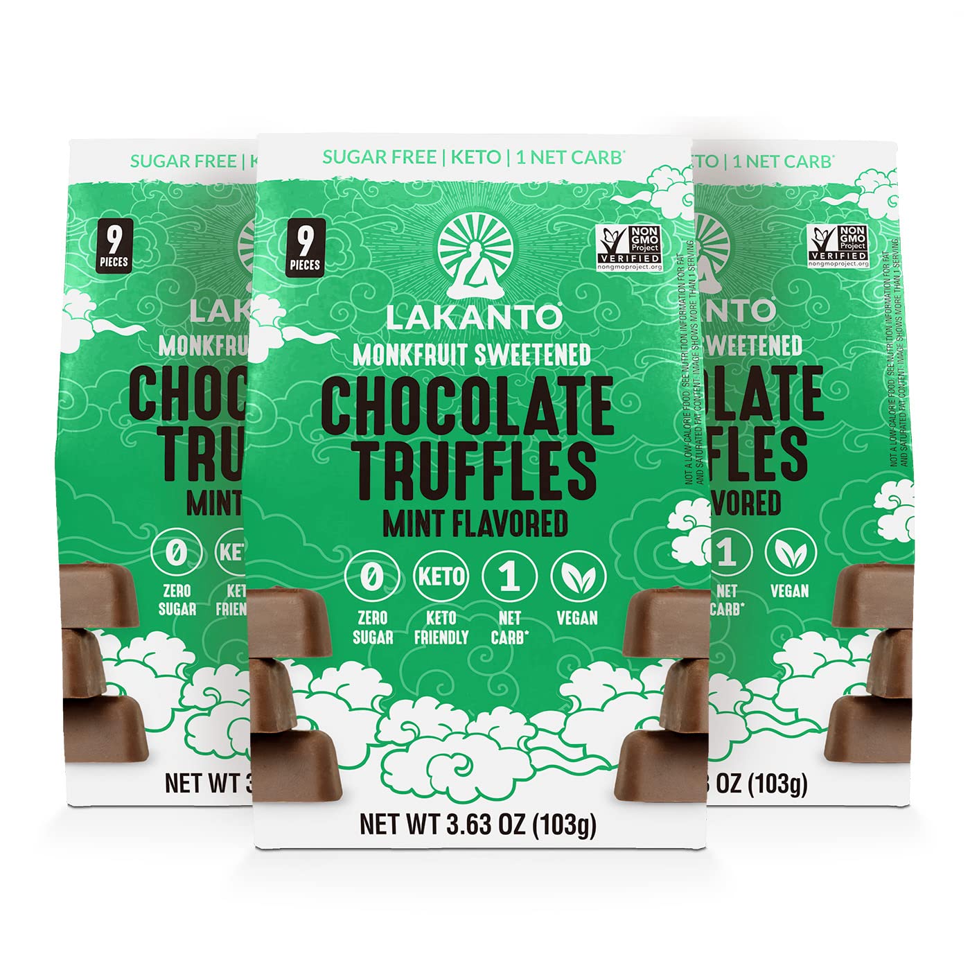 Lakanto Sugar Free Chocolate Truffles - Sweetened with Monk Fruit, Keto Diet Friendly, Vegan, 1 Net Carb, Creamy, Smooth, Delicious (Mint -Pack of 3)