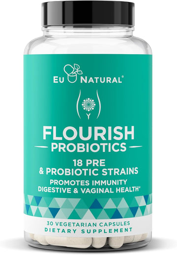 Flourish Probiotics + Prebiotics For Women – Gut And Digestion, Urinary Tract, Reduce Bloating, Vaginal Health – 18 Clinically Proven Strains, 14 Billion Cfu – 30 Shelf-Stable Mini Vegan Capsules