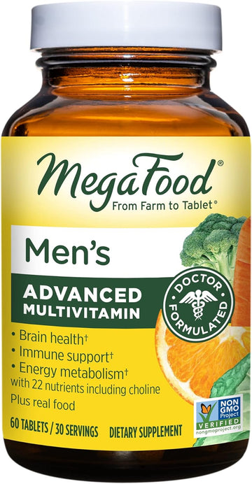 MegaFood Men's Advanced Multivitamin - Doctor-Formulated Multivitamin for Men with Choline, B12, D, C, and Zinc - Brain Health, Immune Support & Energy Metabolism - Vegetarian - 60 Tabs (30 Servings)