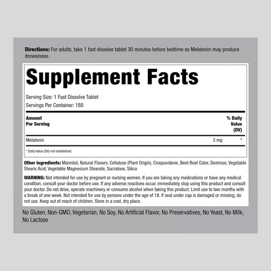 Piping Rock Melatonin 3mg | 180 Fast Dissolve Tablets | Berry Flavor | Adult Support Formula | Non-GMO, Gluten Free