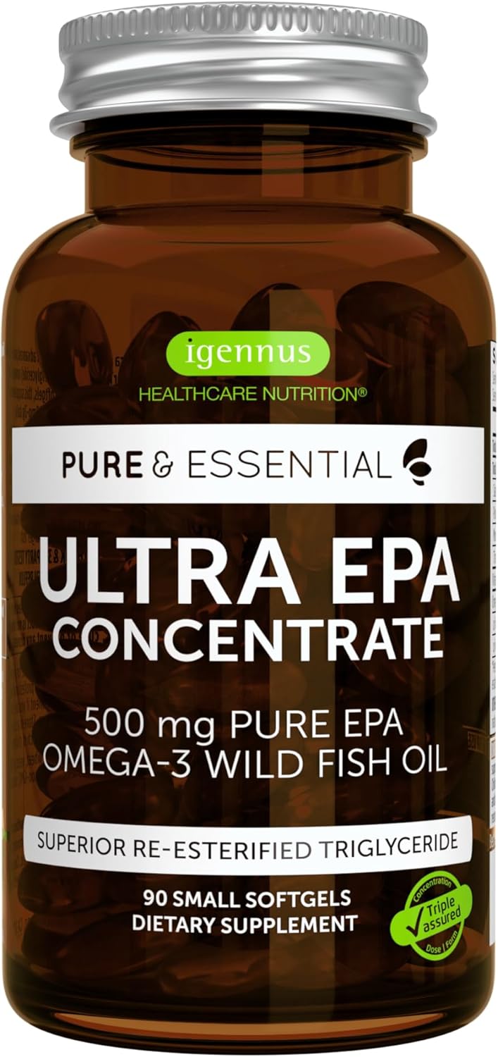 Igennus Ultra Pure Omega-3 Epa 500Mg, Highly Concentrated Ifos Certified Wild Fish Oil, Advanced Rtg Triglyceride Form, Non-Gmo, 90 Small Softgels